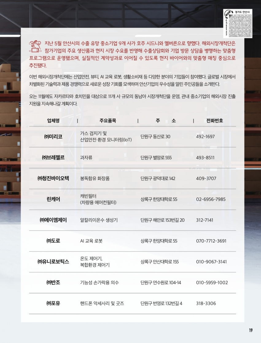2026년 안산시 호주 해외시장개척단 파견기업