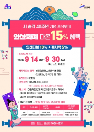 안산시, 시 승격 40주년 기념‘추석 맞이 다온 특별 환급(캐시백)’제공