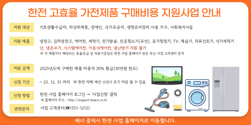한전 고효율 가전제품 구매비용 지원사업 안내. 지원 대상:기초생활수급자, 차상위계층, 장애인, 국가유공자, 생명유지장치 사용 가구, 사회복지시설 지원 제품:냉장고, 김치냉장고, 에어컨, 세탁기, 전기밥솥, 진공청소기(유선), 공기청정기, TV, 제습기, 의류건조기, 식기세척기 단, 냉온수기, 시스템에어컨, 이동식에어컨, 냉난방기 지원 불가 ※ 각 제품마다 해당되는 효율등급 및 적용기준일은 한전 사업 홈페이지 방문 또는 사업 고객센터 문의 지원 금액:2025년도에 구매한 제품 비용의 30% 환급(30만원 한도) 신청 기간:~ 25. 12. 31.까지 ※ 한전 자체 예산 소진시 조기 마감 될 수 있음. 신청 방법:한전 사업 홈페이지 로그인 → '사업신청' 클릭 ※ 홈페이지 주소 : http://support.kepco.co.kr 관련문의:사업 고객센터(☎1551-1212) 배너 클릭시 한전 사업 홈페이지로 이동합니다.