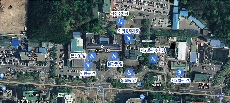 장애인 주차장 위치. 본관동 앞, 민원동 앞, 시청주차장 내, 의회동 앞, 의회동주차장(지하),  제2별관 주차장, 제2별관 앞